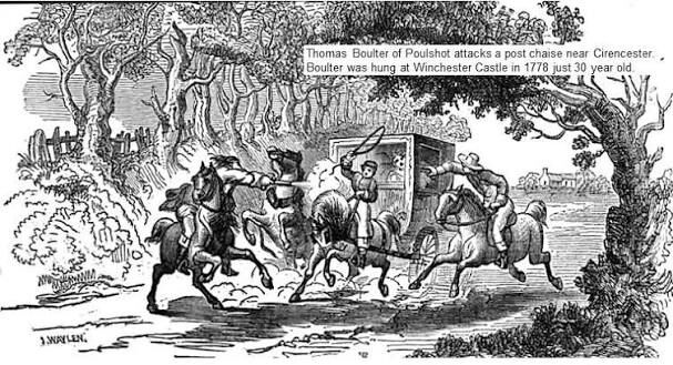 Engraving of Thomas Boulter of Poulshot attacking a post chaise near Cirencester