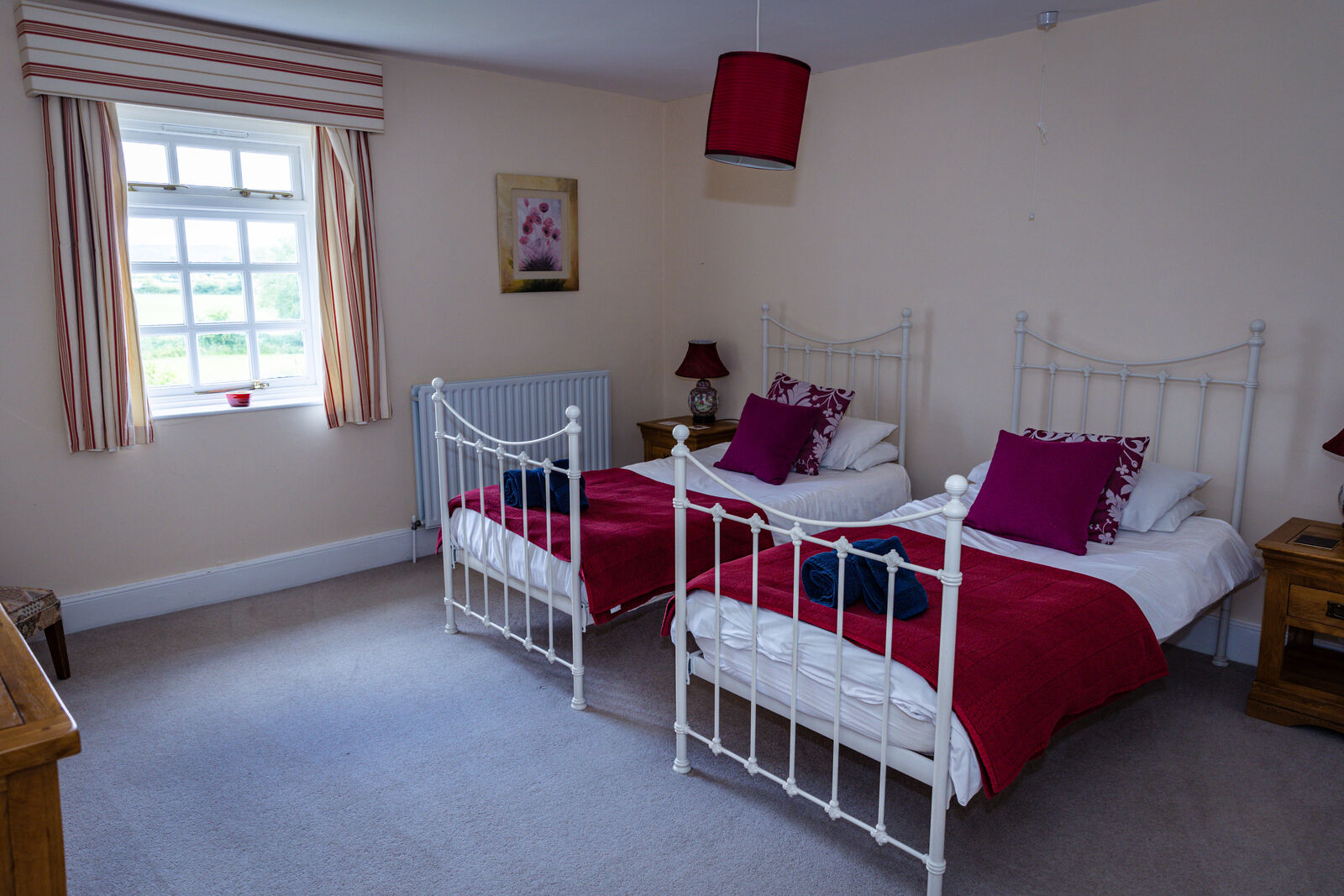 Twin bedroom with cast-iron beds and countryside outlook