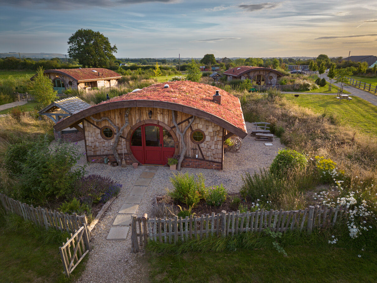 Aerial view — living rooftops blending into the landscape